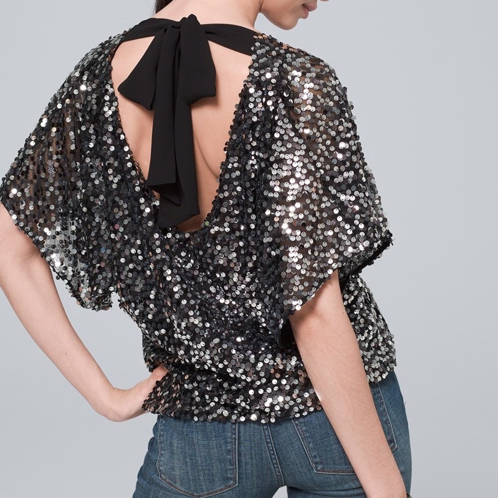 White House Black Market Sequin Tie Back Sparkly Paillette Blouse Top